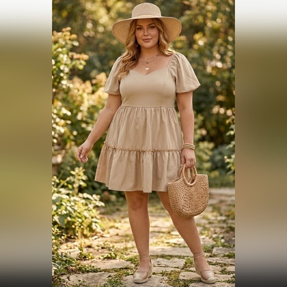 SHEIN Dresses & Skirts - NWOT Large Elegant Beige Flutter Tiered Sleeve Dress